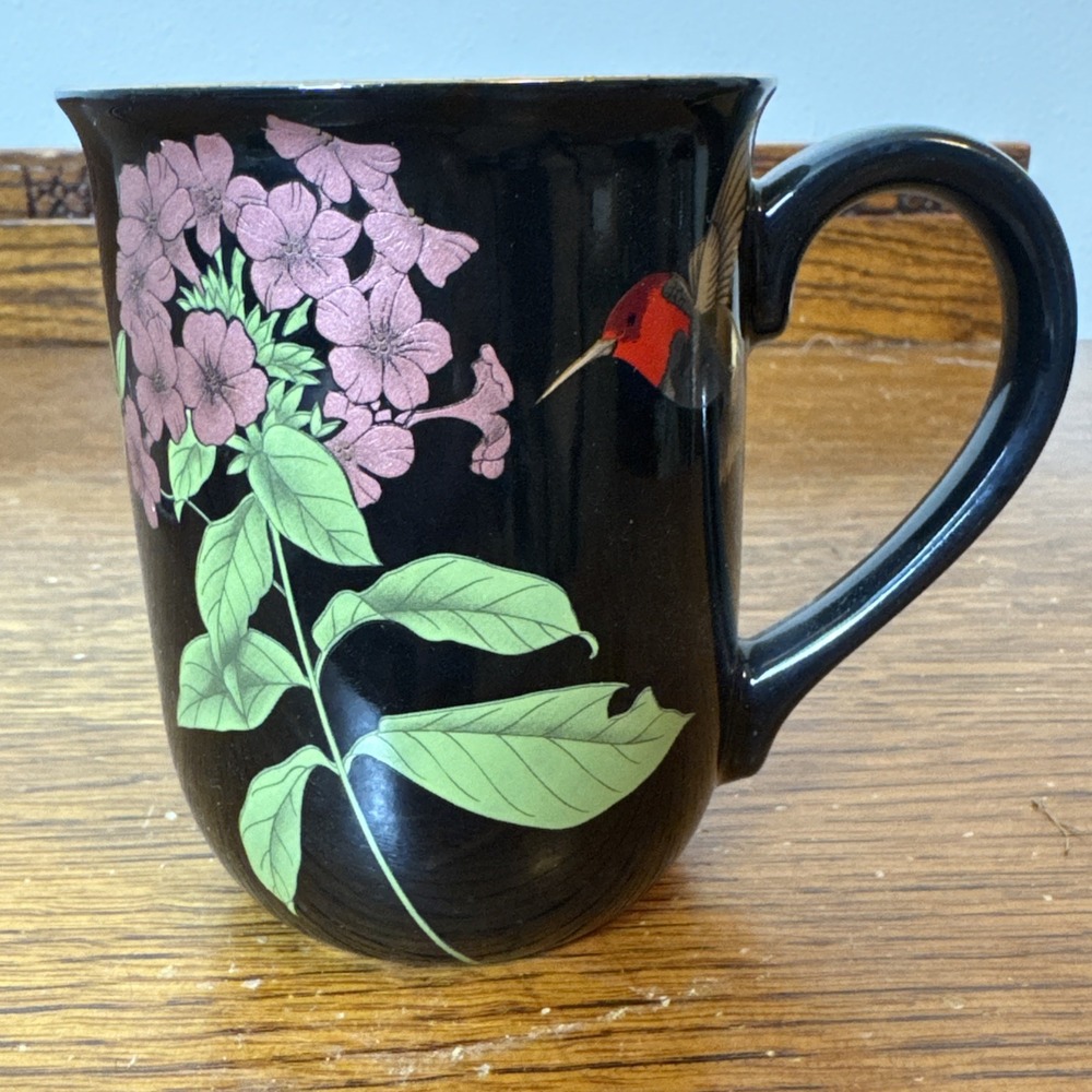 Otagiri Black Mug Gold Rimmed Hummingbird And Flowers 4" Japan